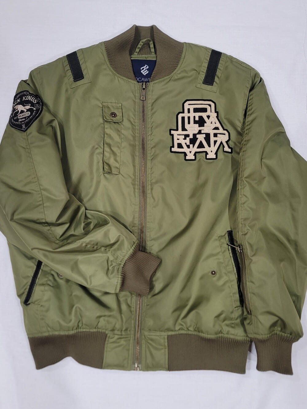 Rocawear Olive Green Bomber Jacket with Patch Accents
